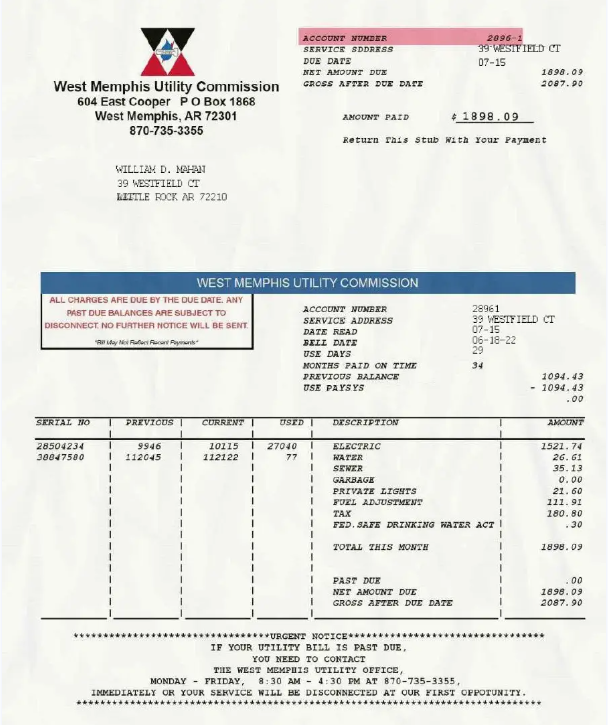 USA WEST MEMPHIS UTILITY COMMISSION utility bill Word and PDF template